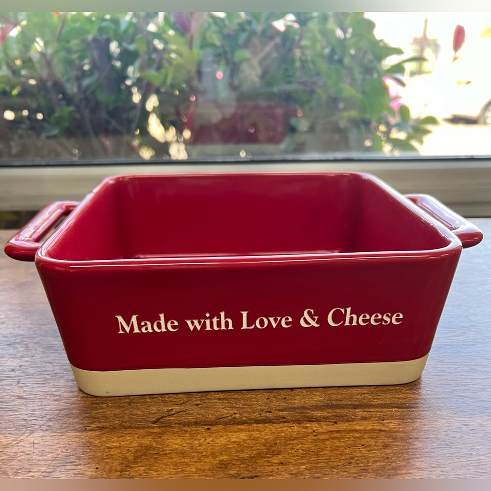 NEW w/o tags Stoneware Square Baker, Red, Made with Love & Cheese